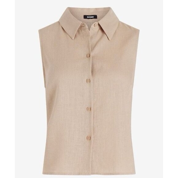 Express Women's Linen-Blend Sleeveless Button Up Shirt Beige Size XL NWT $54 - Picture 2 of 16